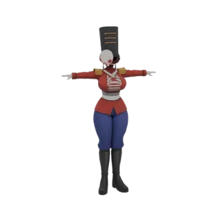 3D model of a female toy soldier in a T-pose, wearing a red uniform, blue pants, and a black hat.