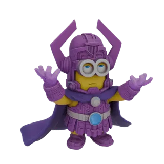 3D model of a Minion character dressed as the Marvel villain Galactus, wearing his purple helmet and armor, with arms outstre