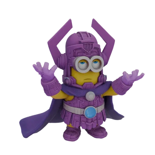 3D model of a Minion character dressed as the Marvel villain Galactus, wearing his purple helmet and armor, with arms outstre