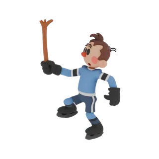 3D-Modell eines Cartoon-Eishockeyspielers in blauem Trikot, schwarzen Handschuhen und Schlittschuhen, der einen Hockeyschläge