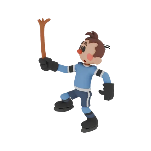 3D model of a cartoon hockey player in a blue jersey, black gloves, and skates, holding a hockey stick aloft.