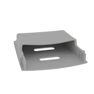 3D-Modell eines grauen Kunststoff-Kabelclips mit zwei horizontalen Schlitzen, von leicht erhöhter Seitenansicht gezeigt.