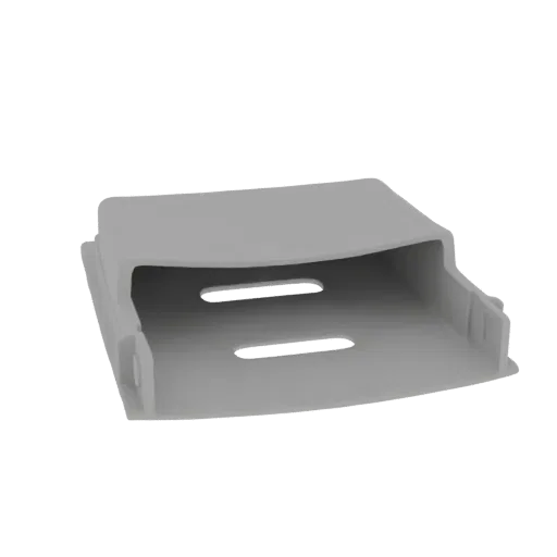 3D model of a gray plastic cable management clip with two horizontal slots, shown from a slightly elevated side angle.