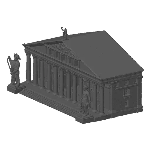 3D model of an Ancient Greek temple with columns and two sculpted human figures, one on the roof and one at the entrance.