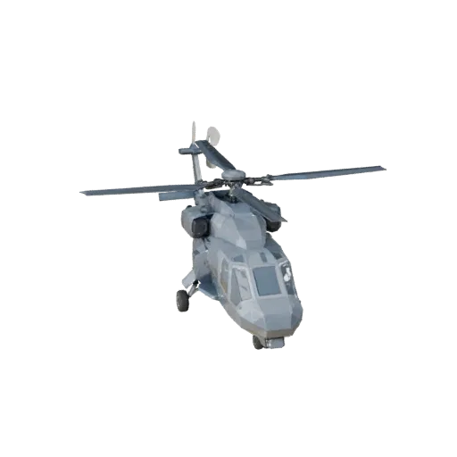 Modèle 3D d'hélicoptère d'attaque low poly, vue de jeu à trois quarts, actif de véhicule low poly avec équilibre des ailes, l