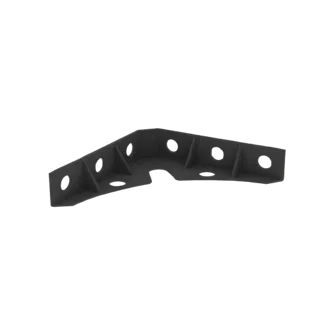3D render of a black metal L-shaped bracket with multiple circular holes, viewed from a slight angle.