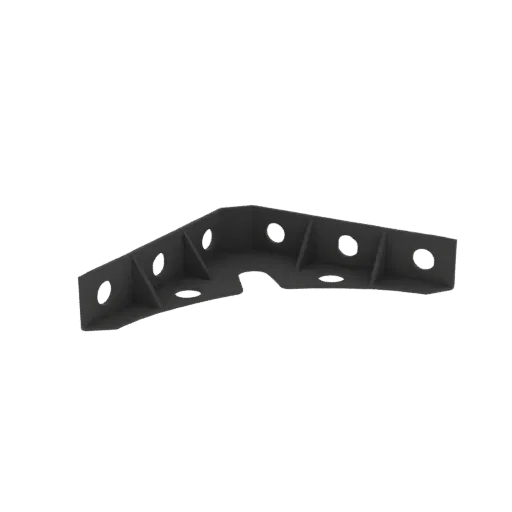 3D render of a black metal L-shaped bracket with multiple circular holes, viewed from a slight angle.