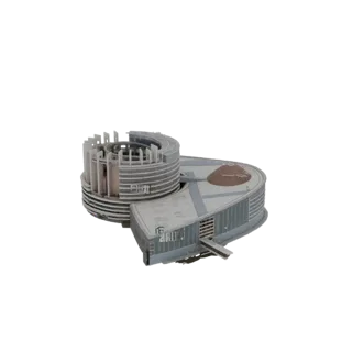 3D model of a modern, curved office building with glass facades and a unique architectural design, set against a black backgr