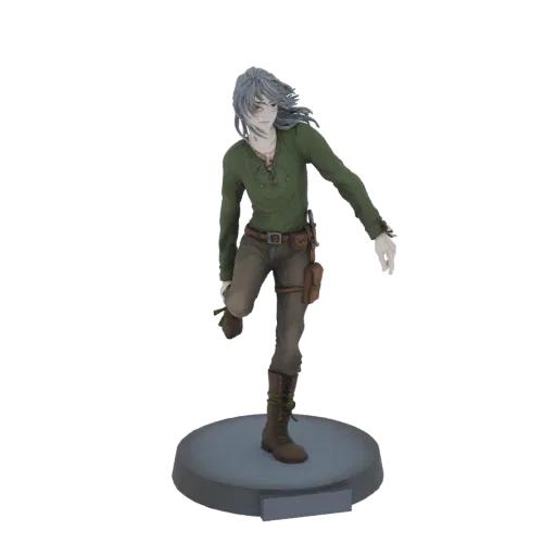 3D model of an adventurer with grey hair, green tunic, and brown pants, posed dynamically on a circular base.