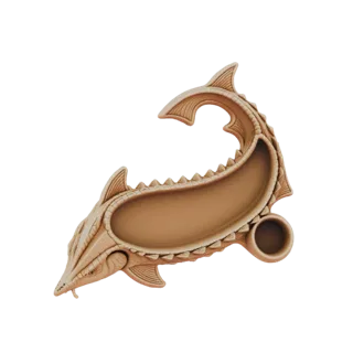 A 3D render of a beige-colored sturgeon-shaped decorative tray with a built-in holder, detailed scales and fins.