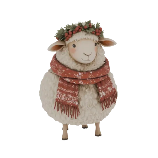 3D model of a white sheep wearing a green holly wreath with red berries and a red scarf with white snowflakes.