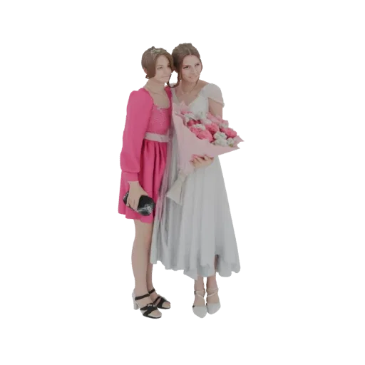 3D-Modell von zwei jungen Frauen in Abendkleidern, eine hält einen Strauß aus rosa und weißen Blumen, zusammen posiert.