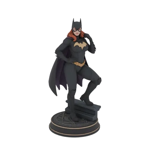 3D model of Batgirl in her black and gold costume, striking a confident pose on a circular, symbol-adorned base.