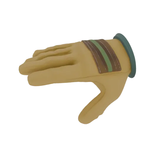 Modello 3D di un guanto da lavoro in pelle color cuoio con polsino a righe, mostrato di lato.