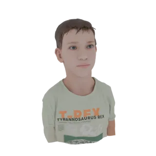 3D model of a young boy with blue eyes and brown hair, wearing a light green t-shirt with a T-Rex graphic.