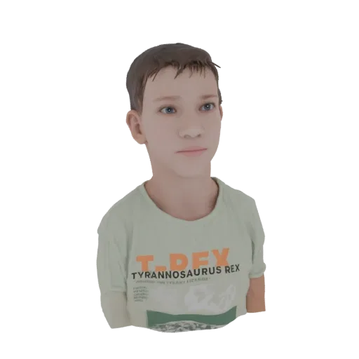 3D model of a young boy with blue eyes and brown hair, wearing a light green t-shirt with a T-Rex graphic.