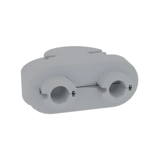 3D render of a gray double pipe clamp connector with visible fasteners and two circular openings for pipes.