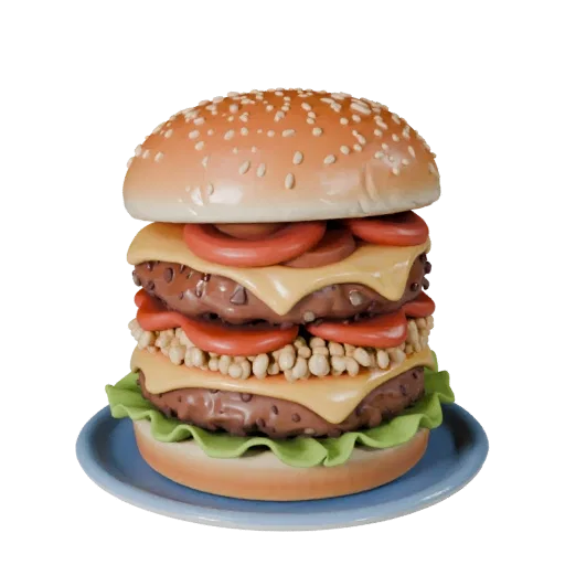 Restaurant Burger Meal Realistic 3D model, three-quarter studio render, showing sauces, plated composition.