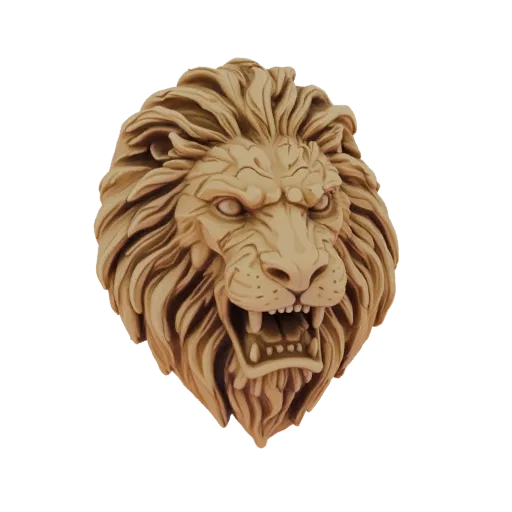 3D model of a fierce lion head sculpture with an open mouth and detailed mane, rendered with a wood-like texture.