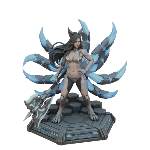 3D model of a cybernetic fox spirit with nine glowing blue energy tails, wearing metallic armor and holding a futuristic axe,