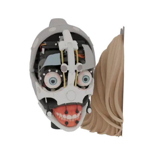 Modelo 3D de cabeça robótica com mecânica interna exposta, olhos azuis arregalados, mandíbula aberta com dentes e cabelo loir