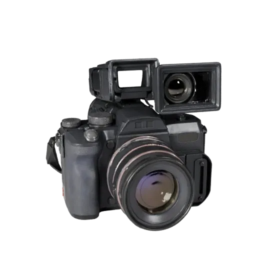Action Video Camera High Poly 3D model, close-up studio render, showing textured grips, lens barrels.