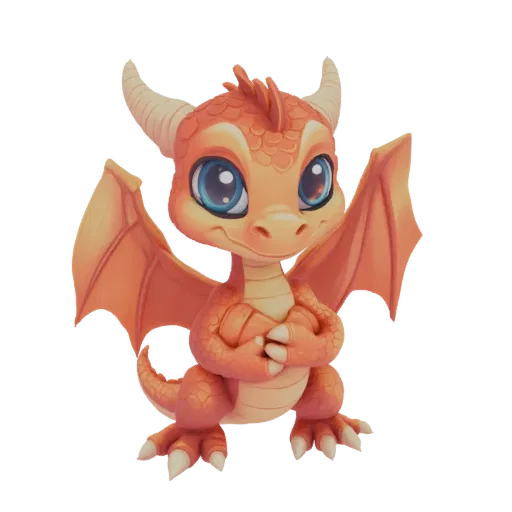 A cute, stylized 3D model of an orange baby dragon with large blue eyes, folded arms, and small horns, set against a black ba