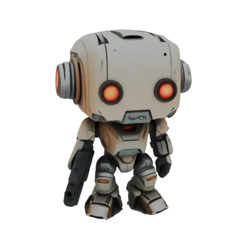 3D model of a retro sci-fi robot with a beige and grey metallic body, glowing red eyes, and a blaster arm, set against a blac