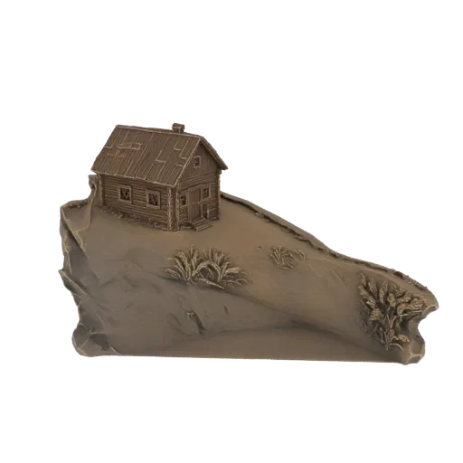 3D model of a rustic log cabin on a rocky outcrop with sparse vegetation, rendered in a brown tone.