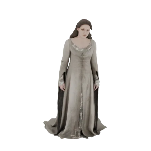 Modello 3D di donna medievale con lunghi capelli castani, indossa un abito chiaro a maniche lunghe con ricami argentati.