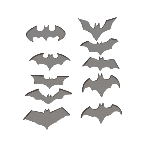 A collection of 10 stylized 3D bat silhouettes in various poses, rendered in a dark gray material.