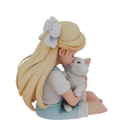 3D model of a girl gently kissing a fluffy white kitten, emphasizing the detail of hair and fur.