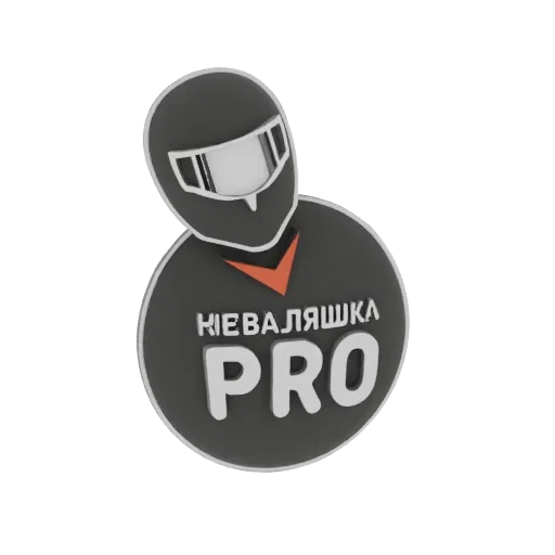 Renderização 3D do ícone do capacete Kievalyashka Pro, apresentando capacete escuro com viseira branca e detalhes laranja, so