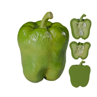 Organic Bell Pepper 3D model, three-quarter front view, Unity viewport, showing leaf veins, clear vegetable silhouettes.