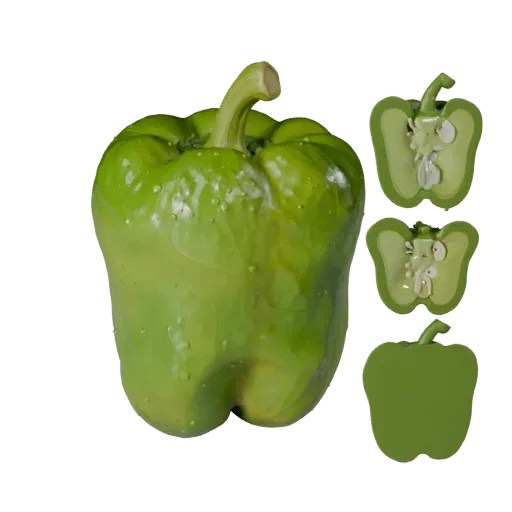Organic Bell Pepper 3D model, three-quarter front view, Unity viewport, showing leaf veins, clear vegetable silhouettes.