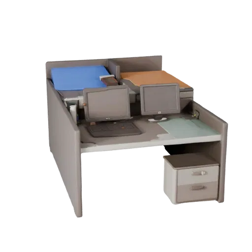 Home Office Desk Organizer Stylized 3D model, stylized isometric render, showing plastic, desk-scale silhouettes.