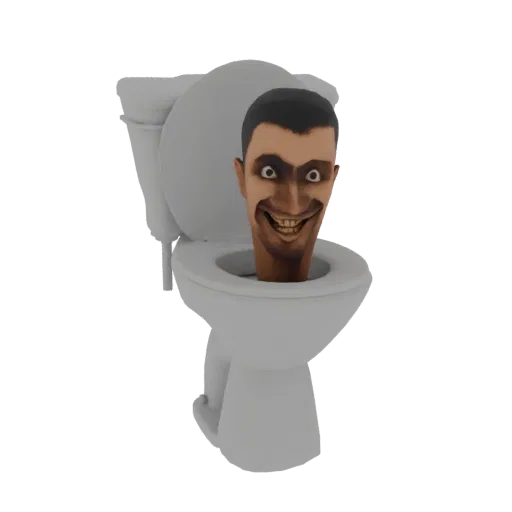 3D model of a creepy character with a wide grin and wide eyes emerging from a white toilet bowl against a black background.