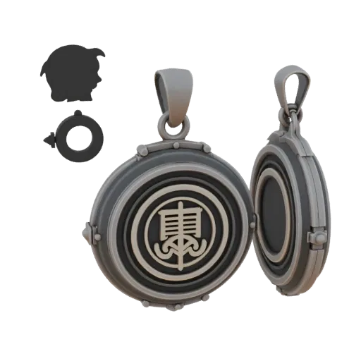 Symbolic Locket collectible detail 3D model, isometric studio render, showing pendant silhouette and surface contrast.