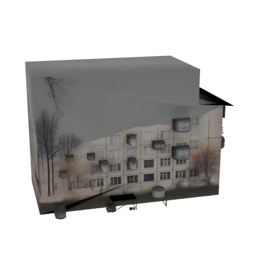 3D model of a Soviet-era apartment building with multiple floors, windows, and balconies, rendered against a white background