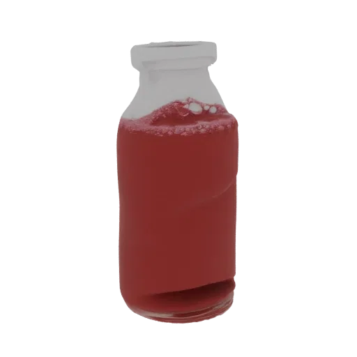 Modelo 3D de una botella de vidrio transparente llena de jugo de baya roja y espuma, aislado sobre fondo blanco.