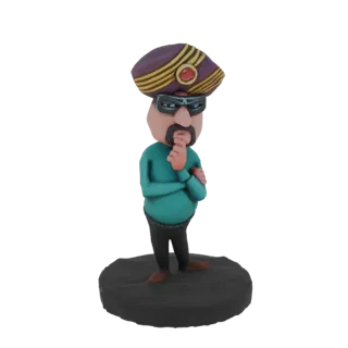 Modello 3D di un uomo cartoonesco con turbante viola e oro, occhiali e camicia verde acqua, con espressione pensierosa, in pi