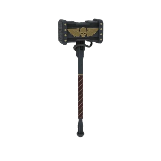 3D model of a dark grey Imperial Power Hammer with a gold skull and wings emblem on the head and a textured brown grip on the