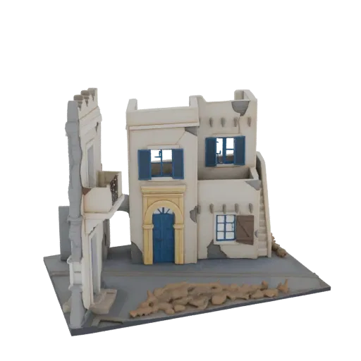 Modello 3D di una casa mediterranea in rovina con persiane blu, muri consumati e detriti su una sezione di strada.