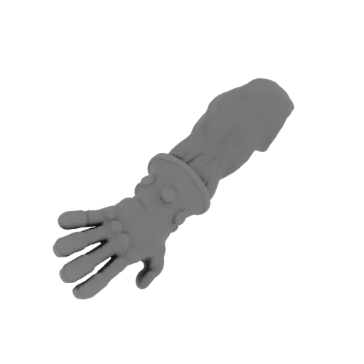 3D-Modell einer grauen, texturierten behandschuhten Hand mit einer dekorativen Manschette mit kreisförmigen Nieten, aus leich