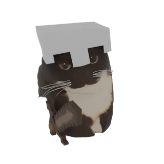 Rendu 3D d'un chat smoking portant un casque blanc et tenant une épée pixélisée, dans un style rappelant Minecraft.