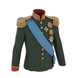 3D model of a Russian General's uniform from 1812, featuring a green tunic, blue sash, gold epaulets, and multiple medals.