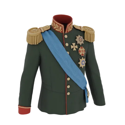 3D model of a Russian General's uniform from 1812, featuring a green tunic, blue sash, gold epaulets, and multiple medals.