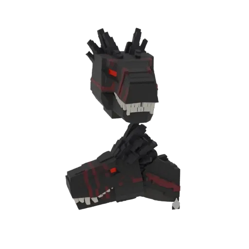 A 3D render of a blocky, black dinosaur head with red stripes and glowing red eyes, shown from two angles.