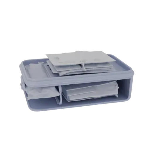 3D model of a slim pouch organizer with a sliding lid, showcasing its compact design and functionality.