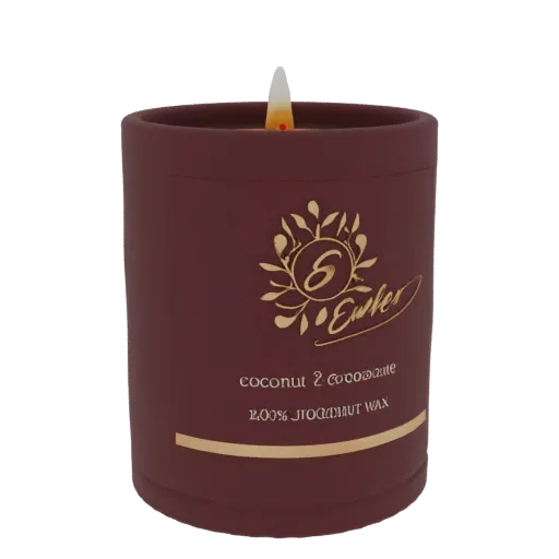 3D model of an Ewker Coconut & Cocoa Butter scented candle in a burgundy jar with a lit wick.